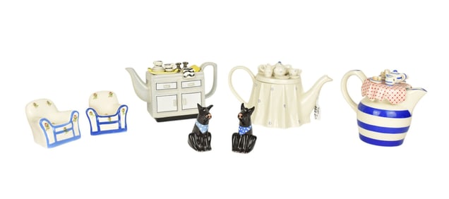 3 Pop Art Ceramic Teapots (7"h tallest) AND 2 Sets Salt & Pepper Shakers, Black Dog And 2 Chairs