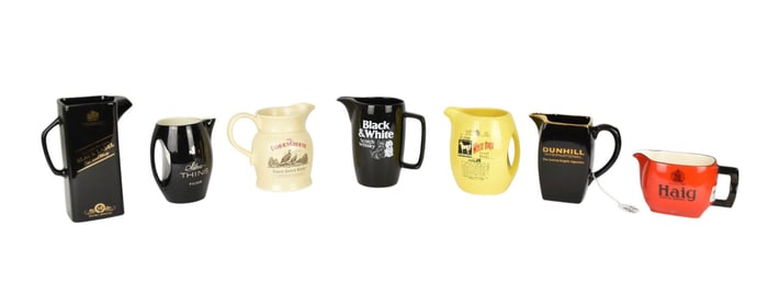 7 Ceramic Advertising Pitchers, Liquor & Tobacco