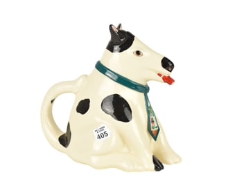 Seated Ceramic Spotted Whimsical Dog Pitcher, Signed 1984 Animals & Co, 9 3/4"h