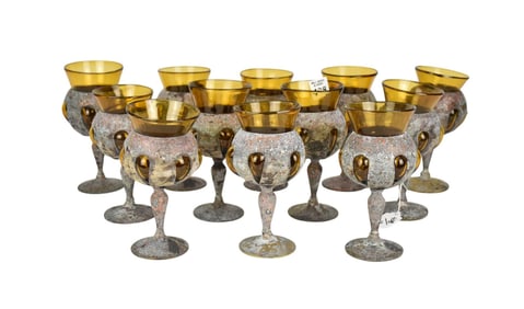 12 Mexican Blown Glass Metal Encased Goblets, c. 1950 - Amber Glass & Oxidized Metal Stemmed