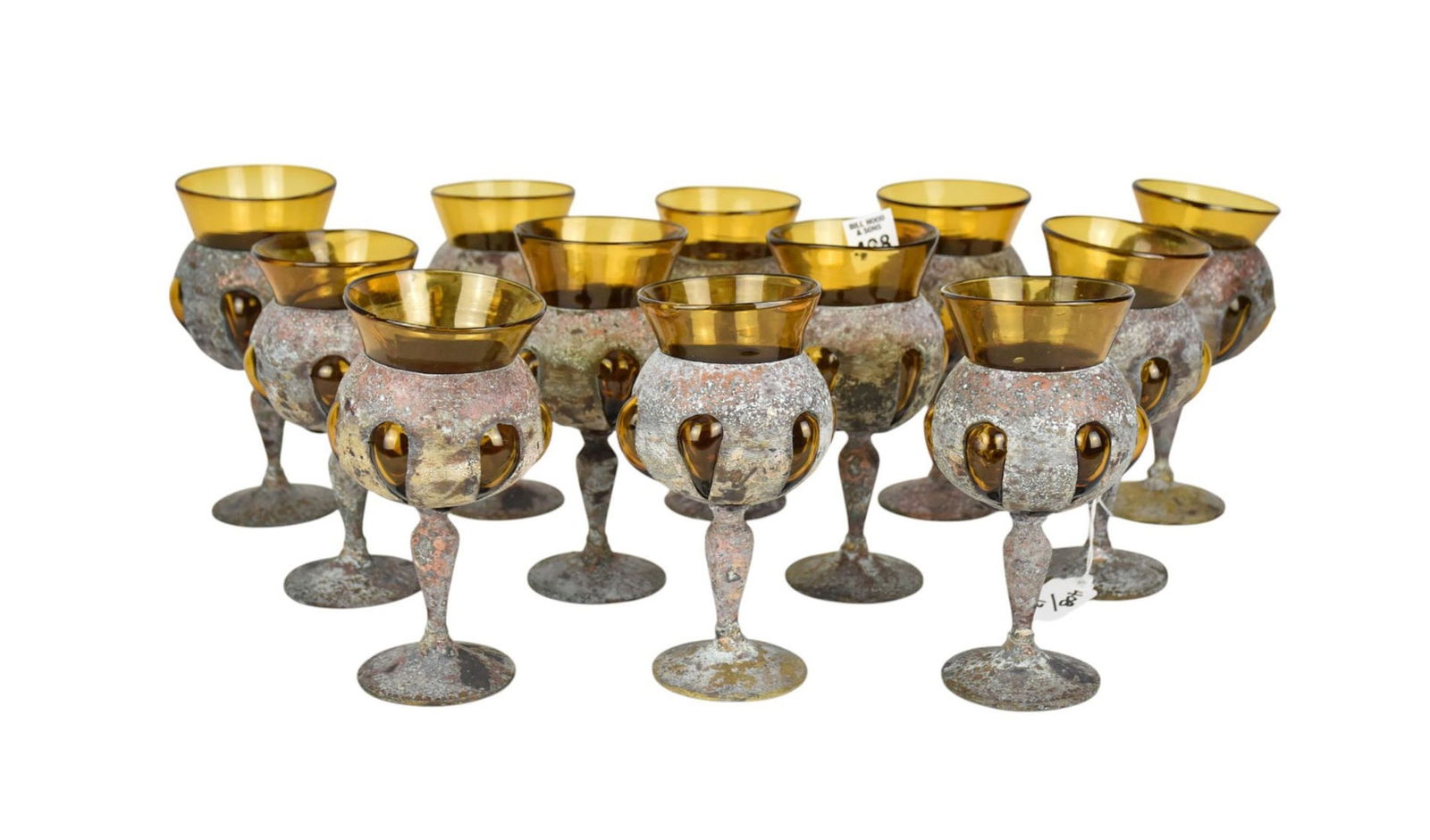 12 Mexican Blown Glass Metal Encased Goblets, c. 1950 - Amber Glass & Oxidized Metal Stemmed (1 of 8)