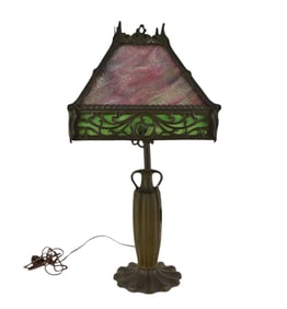 Spelter Lamp with Slag Glass Shade, 26"h (glass in fine condition)