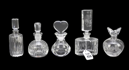 5 Assorted Crystal Perfume Bottles, One Orrefors, 7"h tallest