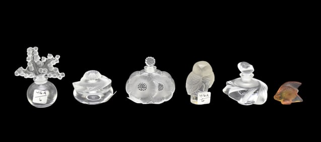4 Assorted Signed Lalique France Crystal Perfume Bottles (5"h tallest), One Amber Color Miniature