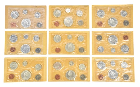 Canadian Silver Proof like Sets Lot of 9. 1963, 1964, (4) 1965, (3) 1966 in original package. The