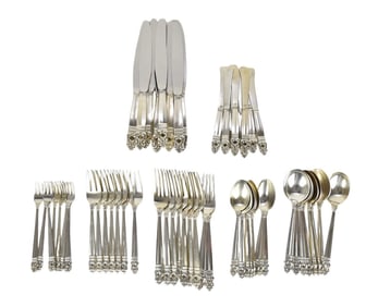 Royal Danish International Sterling Silver Flatware. 56 pieces, 8 of each teaspoon, soup spoons,