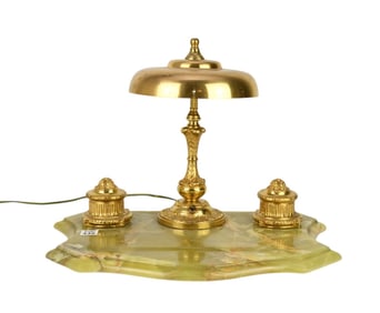 Desk Set with Brass Lamp and Two Inkwells Resting on Onyx Base, The lamp is electrified, H. 12?? x