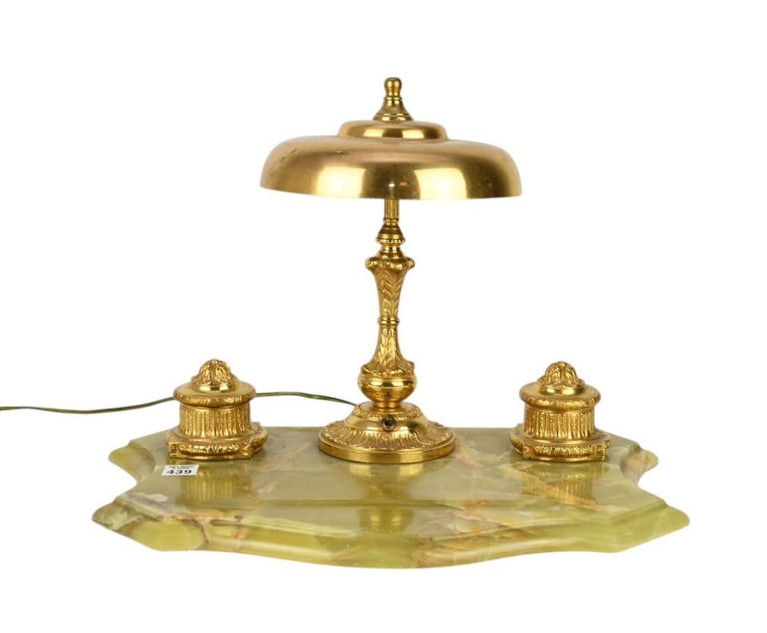 Desk Set with Brass Lamp and Two Inkwells Resting on Onyx Base, The lamp is electrified, H. 12?? x (1 of 7)