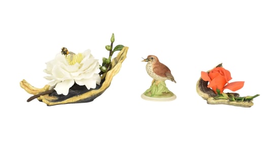 3 Boehm Porcelain Items, Orange Rose, Bird with Insect and Large White Flower with Bee (some damage)