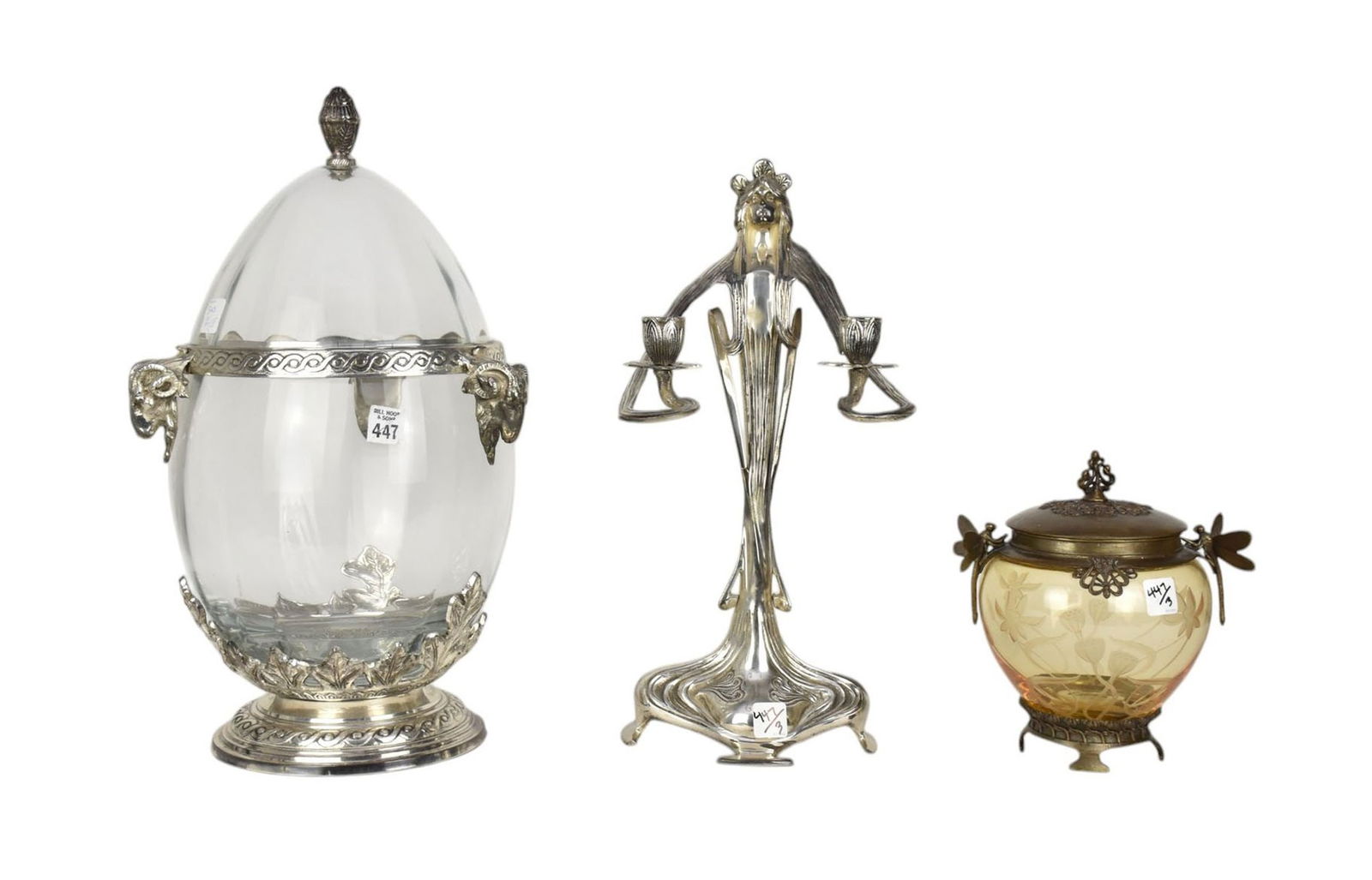 Glass Egg Shape Bowl with Lid, Silver Metal Mounts (20"h x 11"w), Amber Glass Lidded Bowl on Brass (1 of 13)