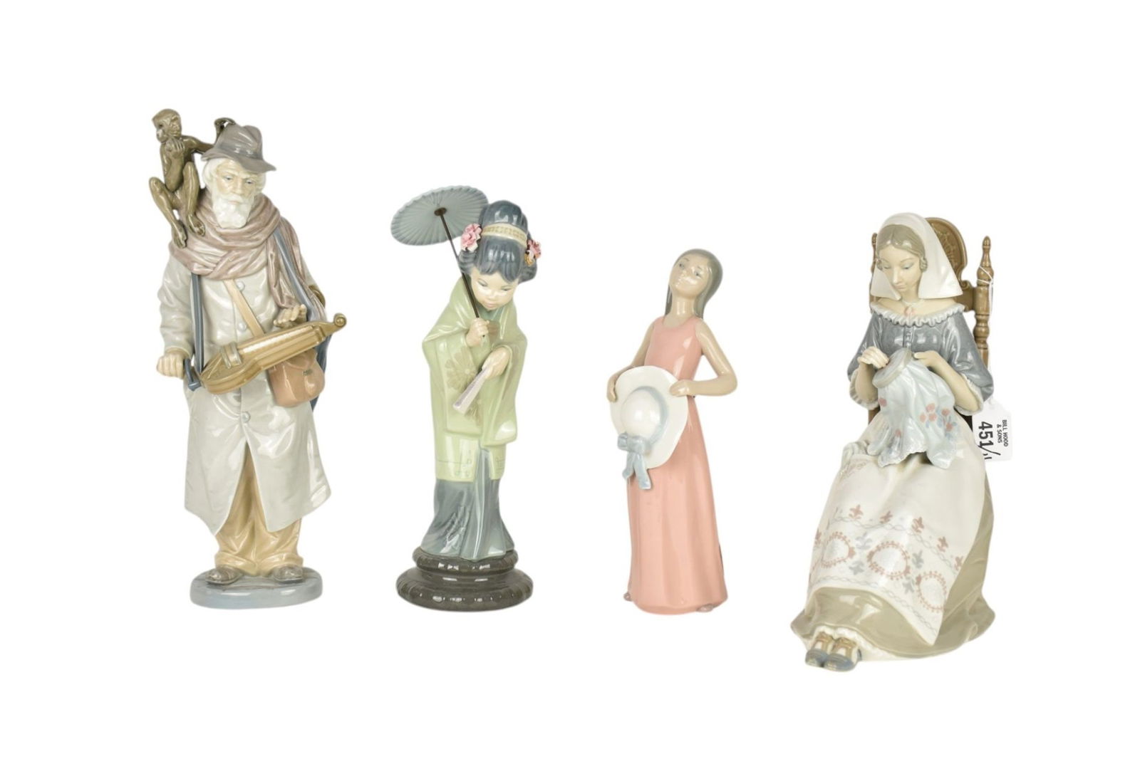 4 Lladro Porcelain Figures, Seated Woman with Needlework, Organ Grinder with Monkey (12"h & 14"h) (1 of 11)