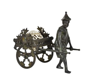 Castilian Imports Bronze Figural Rickshaw - 20th century. A figural bronze rickshaw. Label to