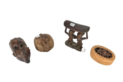 4 African Pcs, Basket with Lid, Lizard AND 2 Small Carved Masks, 6"h x 11"h
