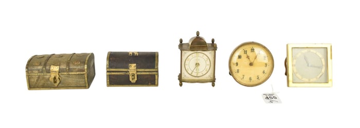 5 Pc. Lot of 3 Vintage Small Clocks (4"h tallest) and 2 Trinket Boxes