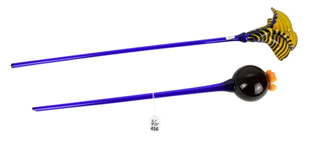 2 Murano Art Glass Flowers on Long Stems, 23"L (end of stem broken off) & 30"L