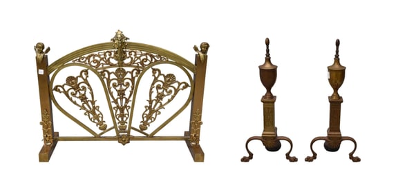 3pcs. Fireplace, Brass Ornate Scree with Cherub Heads & Scrolling Panels (27"h x 35"w) AND Andirons