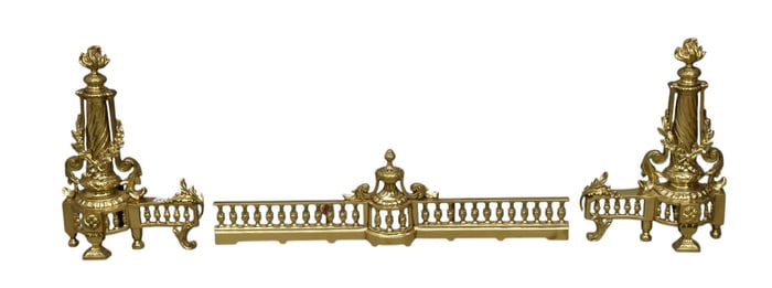 3p. Lacquered Ornate Fireplace Andiron (17"h x 17"w) & Fender (7 1/2"h x 30"L)