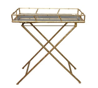 Folding Gilt Metal Bamboo Motif Mirrored Bar Cart