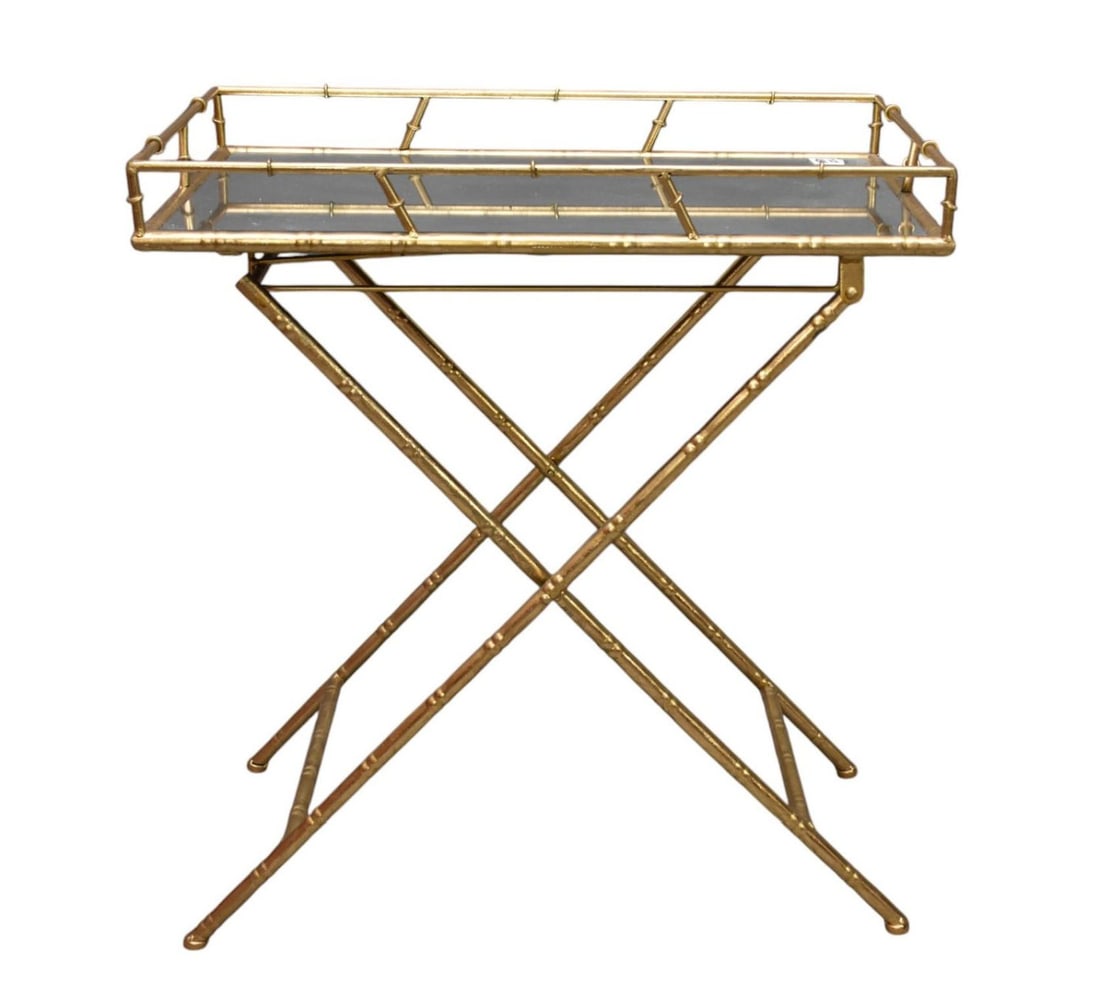 Folding Gilt Metal Bamboo Motif Mirrored Bar Cart (1 of 5)
