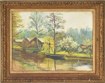Martha Kremnitzky landscape oil painting, Houses by River, 11-3/4 x 16 inches overall frame size 15