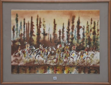 Blackfeet Artist King Kuka, (American, 1946-2004) Watercolor on paper, Indians on Horses heading to