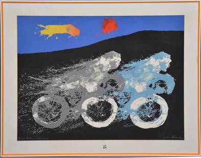 Arthur Secunda (1927 - 2022) Lithograph Titled Night Riders. A.P. and hand signed by artist, Site: Arthur Secunda (1927 - 2022) Lithograph Titled Night Riders. A.P. and hand signed by artist, Site size 27 x 34 1/2 inches. overall framed size 33 1/2 x 41 inches.