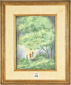 Enamel on Copper by Mingolla, kids in woods 9 x 12 inches. In Gilt frame - overall size 18 x 15