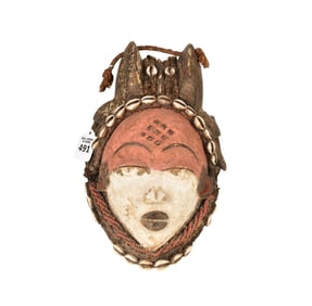 A Punu Okuyi Dance Mask, Gabon, Africa - Carved wood, pigments, cowrie shells, fiber, glass beads,