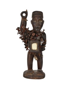 Nkisi Nkondi Fetish Power Figure, Kongo Peoples - Carved wood, iron nails and objects, shell, bone,