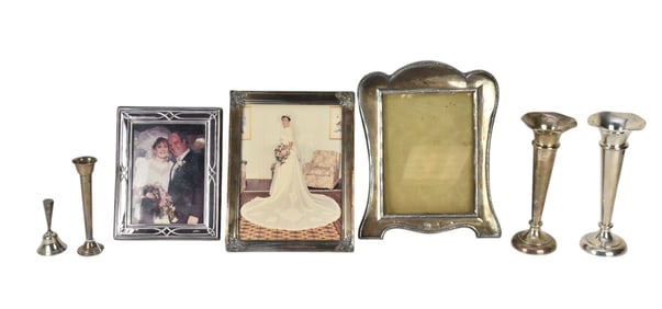 Lot of Sterling, 3 Assorted Frames, 3 Weighted Bud Vases and Bell (missing clapper)