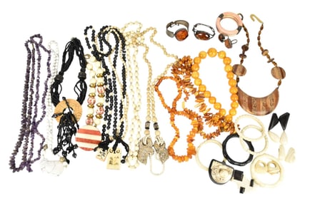 Costume & Sterling Silver Jewelry Lot. Baltic Amber Necklaces, bracelets, and rings. Amethyst, Bone,