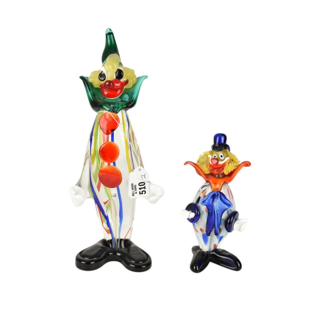 2 Murano Glass Multi Color Clowns, 9"h & 14"h: 2 Murano Glass Multi Color Clowns, 9"h & 14"h
