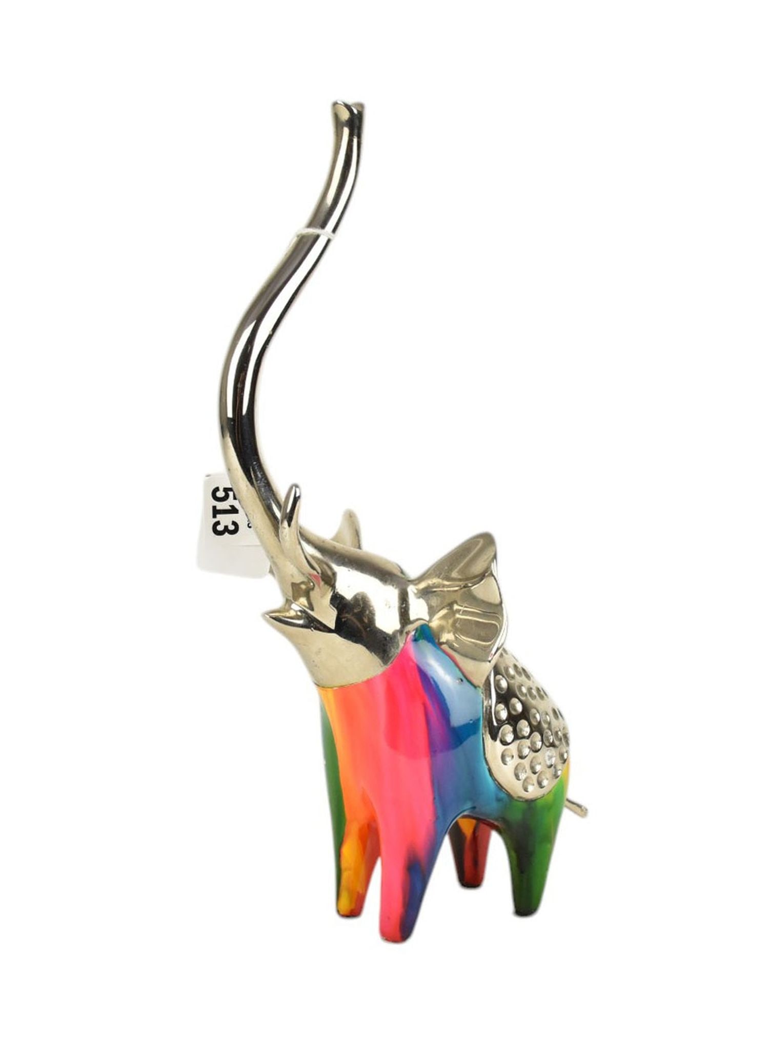 Liliana Mendez, POP ART Bronze Elephant, Rainbow painted and chrome plated bronze, Signed, 12"h to: Liliana Mendez, POP ART Bronze Elephant, Rainbow painted and chrome plated bronze, Signed, 12"h to top of trunk (2 chips)