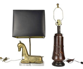 2 Asian Motif Metal & Bronze Lamps, Meji & Mid Century