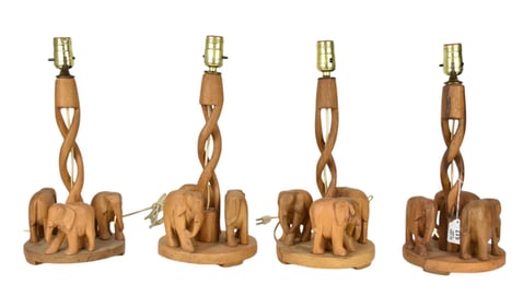 2 Pairs Carved Teak Elephant Table Lamps, 16"h top of socket