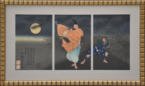 Japanese woodblock triptych. Yasumasa , Playing the Flute by Midnight - 1883.  sight size -13-1/2 x