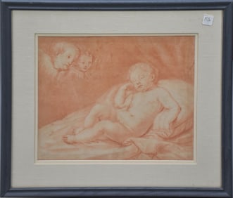 Old Master Drawing, "Cupids Watching Baby Sleeping, Red Chalk (Sanguine). sight 12-1/2 x 16 inches.