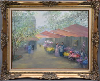 Marion Rice "Flower Seller', oil painting on Canvas, Signed lower right - 24x30 f. 32 x31½