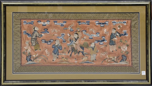 Chinese handmade antique Silk embroidery 19th Century. Taming the Dragon, 16x35 inches. overall