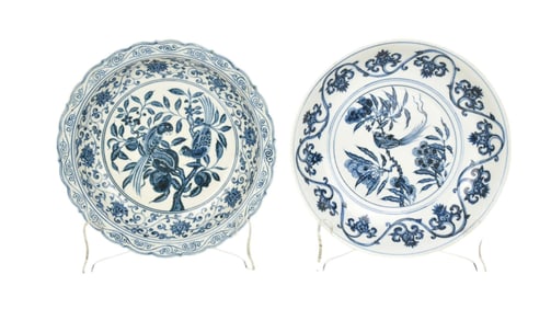 Two Chinese Blue & White Porcelain Dishes, Birds Motifs - Comprising: A) Blue & White Dish, bird and