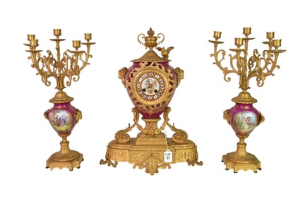 Antique French Gilt Bronze & Porcelain Sevres Styl Clock Garniture Set, Late 19th c.