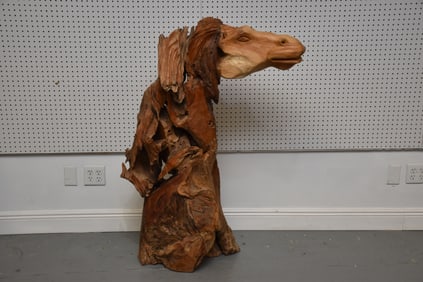 Organic Carved Wood Sculpture, Horse Head, 49"h x 33''w x 16"d