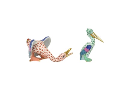 Two Herend Hungary Bird Figurines, Goose & Pelican - Two Herend Hungarian porcelain figurines of