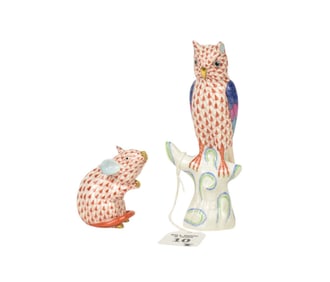 Two Herend Hungary Figurines, Owl & Mouse - Two Herend Hungarian porcelain figurines of elephants.