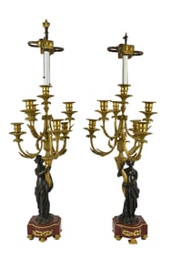 Pr. French Patinated Figural Bronze Candelabra, 7 Branch on Rouge Marble Plinths, 1 Finial Missing,