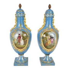 Pair of Antique French Sevres Porcelain Jeweled Vases, C. 18th Century - A pair of antique Sevres
