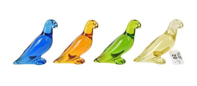 4 Baccarat Colored Glass Parrots, 4"h x 5"w