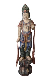 Quan Yin, Worn Painted, Faded, Some Age Cracks, 52"h x 16"w