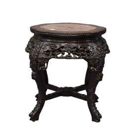 Antique Chinese Stand, Carved Apron and 4 Legs with Stretcher Base, Insert Scalloped Shape Soapstone