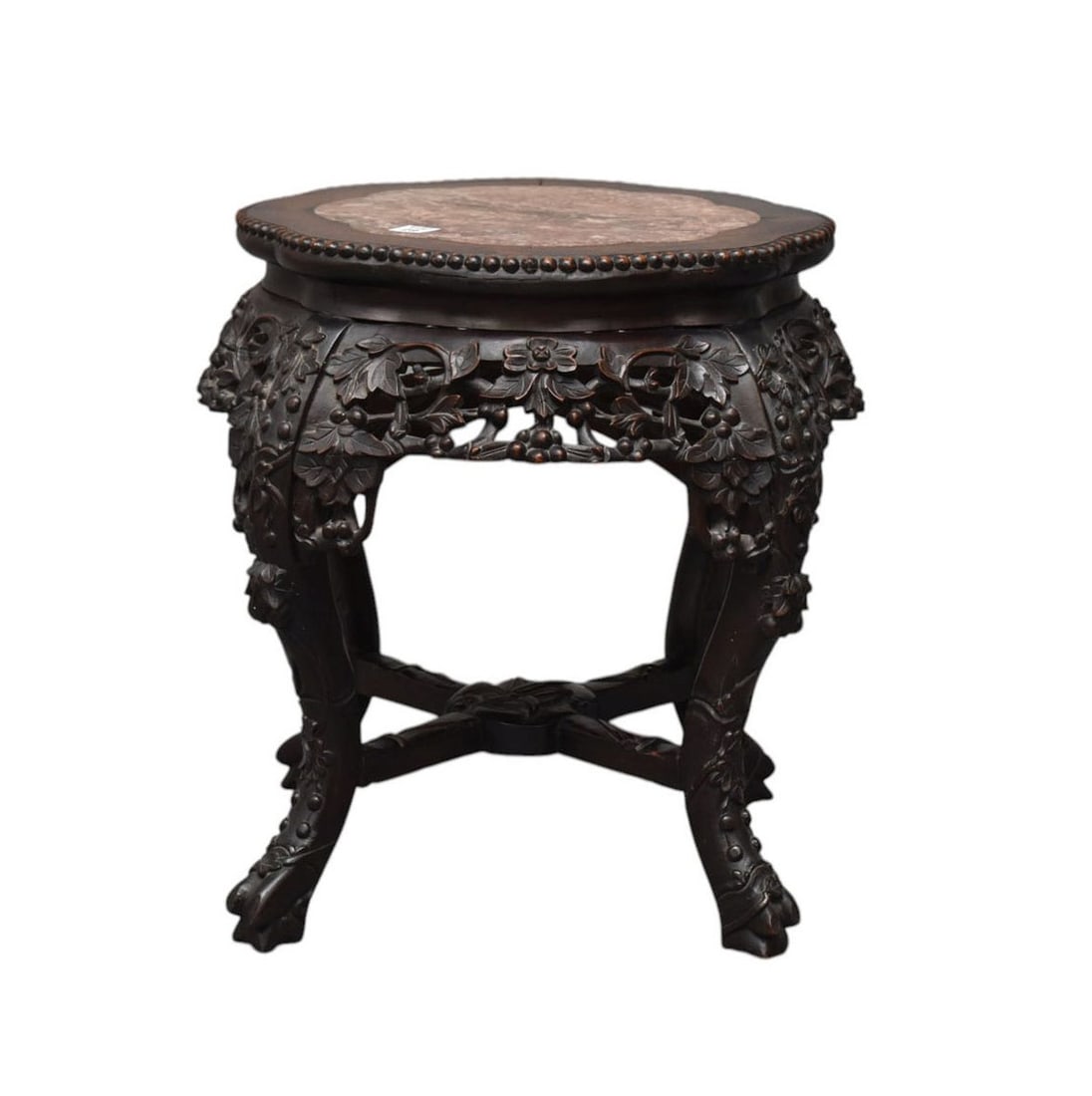 Antique Chinese Stand, Carved Apron and 4 Legs with Stretcher Base, Insert Scalloped Shape Soapstone: Antique Chinese Stand, Carved Apron and 4 Legs with Stretcher Base, Insert Scalloped Shape Soapstone Top. 19tall x 20 inches wide overall. Top diameter 16-1/2 inches.